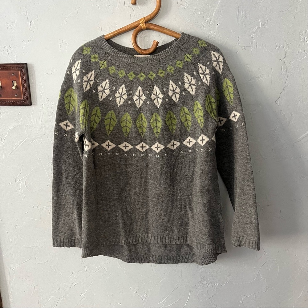Sundance Gray Green Leaf Print Lambswool Wool Sweater Small Women's